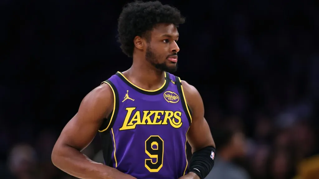 Bronny James #9 of the Los Angeles Lakers enters the game during a 119-102 Lakers win over the Atlanta Hawks at Crypto.com Arena. (Harry How/Getty Images)