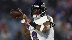 Lamar Jackson #8 of the Baltimore Ravens warms up prior to the game against the Buffalo Bills in the AFC Divisional Playoff at Highmark Stadium on January 19, 2025 in Orchard Park, New York.