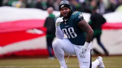 Jalen Carter #98 of the Philadelphia Eagles looks on before the game against the Los Angeles Rams during the NFC Divisional Playoff at Lincoln Financial Field on January 19, 2025 in Philadelphia, Pennsylvania.
