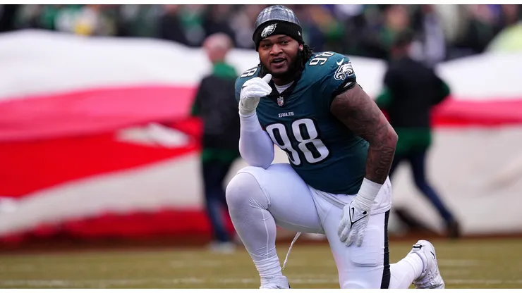 Jalen Carter #98 of the Philadelphia Eagles looks on before the game against the Los Angeles Rams during the NFC Divisional Playoff at Lincoln Financial Field on January 19, 2025 in Philadelphia, Pennsylvania.
