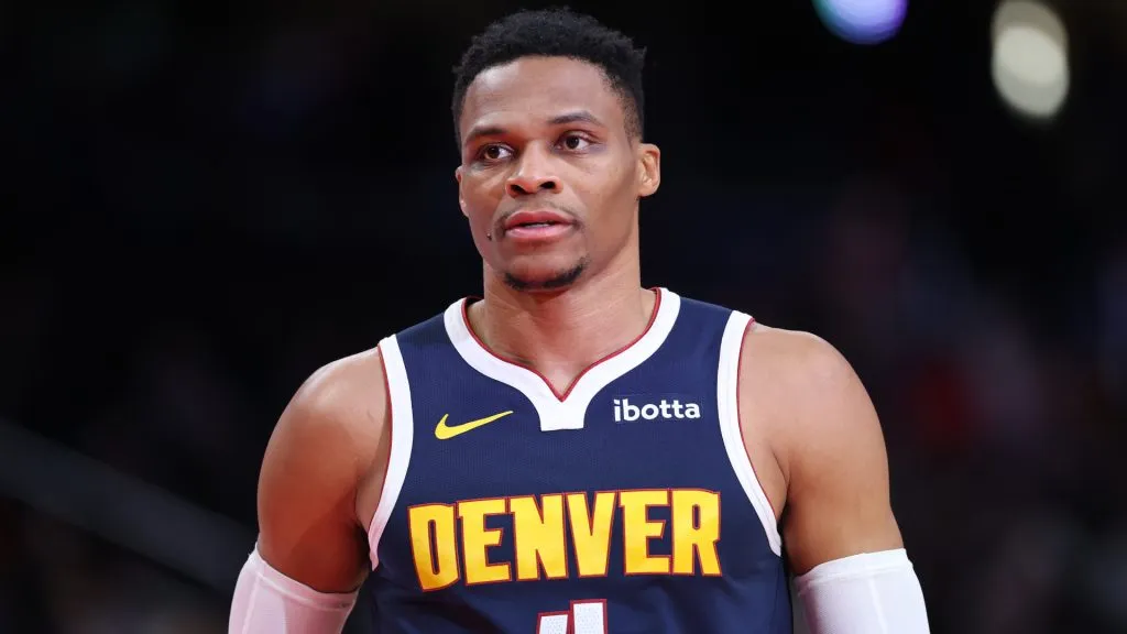 Russell Westbrook #4 of the Denver Nuggets looks on against the Washington Wizards during the first half at Capital One Arena.