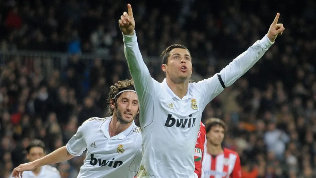 Cristiano Ronaldo celebrates with Esteban Granero after scoring Real Madrid’s 3rd goal vs. Athletic Bilbao on January 22, 2012 in Madrid, Spain.