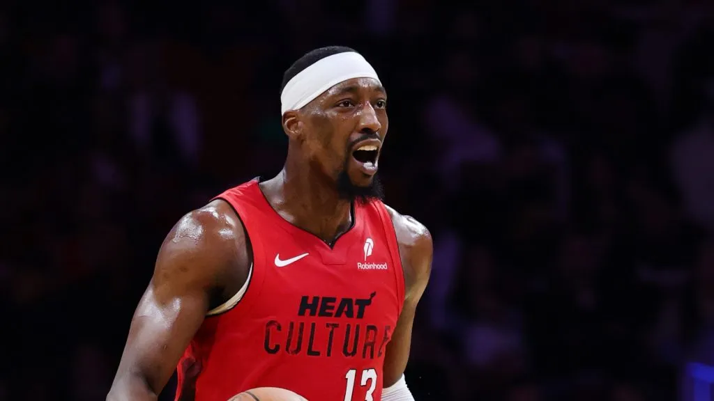 Bam Adebayo #13 of the Miami Heat controls the ball against the Utah Jazz during the first half