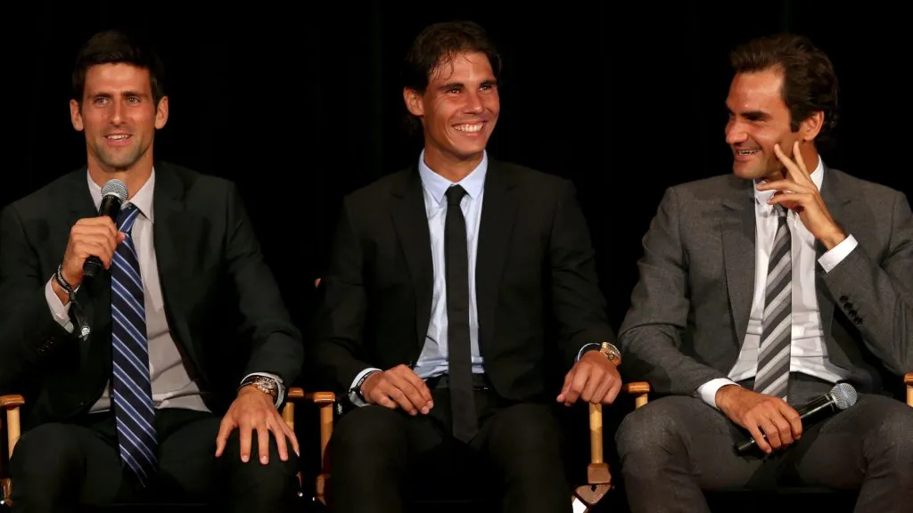 Novak Djokovic of Serbia; Rafael Nadal of Spain and Roger Federer of Switzerland on stage during the ATP Heritage Celebration. (Matthew Stockman/Getty Images)