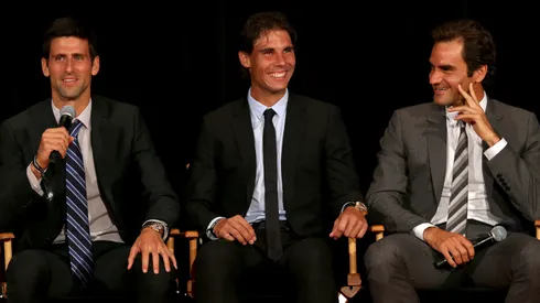 Novak Djokovic of Serbia; Rafael Nadal of Spain and Roger Federer of Switzerland on stage during the ATP Heritage Celebration.