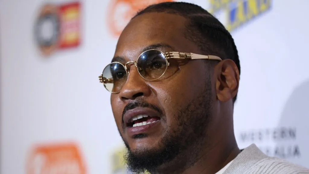 Carmelo Anthony speaks to the media during an NBL HoopsFest Press Conference at Crown Perth on September 19, 2024 in Perth, Australia.