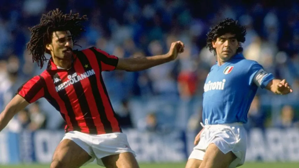 Ruud Gullit of AC Milan and Diego Maradona in action during the Italian Serie A in Napoli