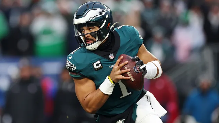 Jalen Hurts #1 of the Philadelphia Eagles in action during the NFC Divisional Playoff game against the Los Angeles Rams at Lincoln Financial Field on January 19, 2025 in Philadelphia, Pennsylvania.