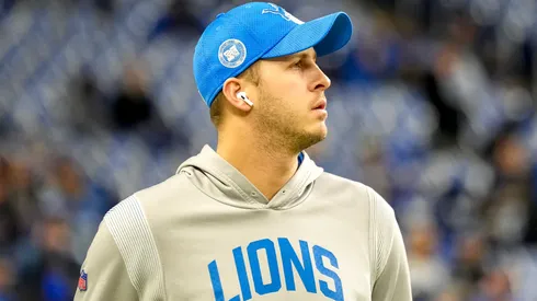 Jared Goff #16 of the Detroit Lions looks on during warm-ups prior to the NFC Divisional Playoff against the Washington Commanders at Ford Field on January 18, 2025 in Detroit, Michigan.