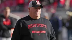 Offensive coordinator Chip Kelly of the Ohio State Buckeyes looks on before the game against the Michigan Wolverines at Ohio Stadium on November 30, 2024 in Columbus, Ohio.