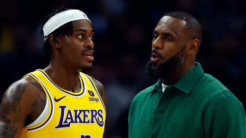 Jarred Vanderbilt #2 of the Los Angeles Lakers and LeBron James #23 of the Los Angeles Lakers in the first half at Crypto.com Arena on January 23, 2024 in Los Angeles, California.