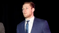 Nathan MacKinnon #29 of the Colorado Avalanche arrive for their game against the St Louis Blues during Game One of the Second Round of the 2022 Stanley Cup Playoffs at Capital One Arena at Ball Arena on May 17, 2022 in Denver, Colorado.