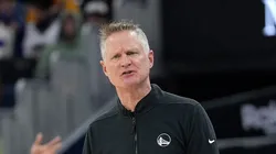 Head coach Steve Kerr of the Golden State Warriors reacts after a foul was called on his team against the Los Angeles Lakers during the second half