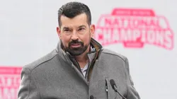 Head coach Ryan Day of the Ohio State Buckeyes delivers remarks during the NCAA Football Championship celebration at Ohio Stadium on January 26, 2025 in Columbus, Ohio.