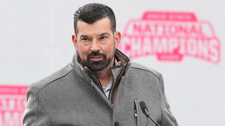 Head coach Ryan Day of the Ohio State Buckeyes delivers remarks during the NCAA Football Championship celebration at Ohio Stadium on January 26, 2025 in Columbus, Ohio.