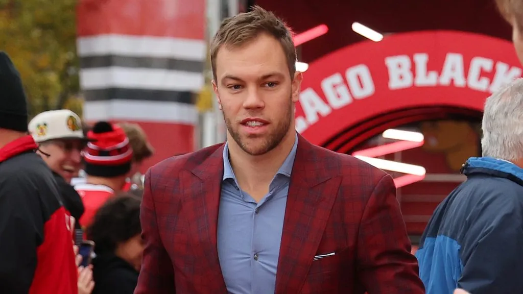 Taylor Hall #71 of the Chicago Blackhawks arrives to the red carpet prior to the game against the Vegas Golden Knights at the United Center on October 21, 2023 in Chicago, Illinois.