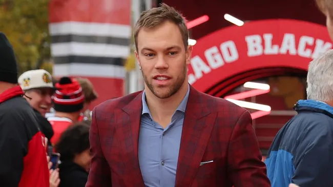 Taylor Hall arrives at United Center prior to a game against the Vegas Golden Knights.