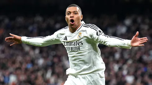 Kylian Mbappe of Real Madrid celebrates scoring his team's third goal vs UD Las Palmas