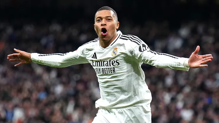 Kylian Mbappe of Real Madrid celebrates scoring his team's third goal vs UD Las Palmas