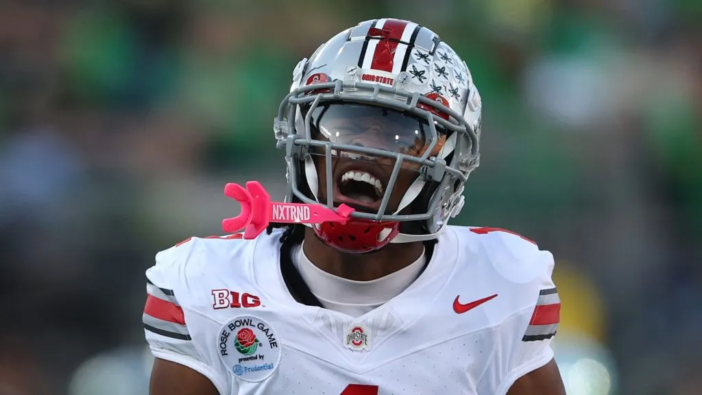 Davison Igbinosun #1 of the Ohio State Buckeyes reacts after a tackle during the Rose Bowl game against the Oregon Ducks at the Rose Bowl Stadium on January 01, 2025 in Pasadena, California.
