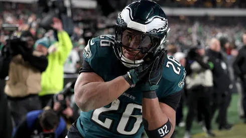 Saquon Barkley #26 of the Philadelphia Eagles reacts to his touchdown against the Washington Commanders during the fourth quarter in the NFC Championship Game at Lincoln Financial Field on January 26, 2025 in Philadelphia, Pennsylvania.