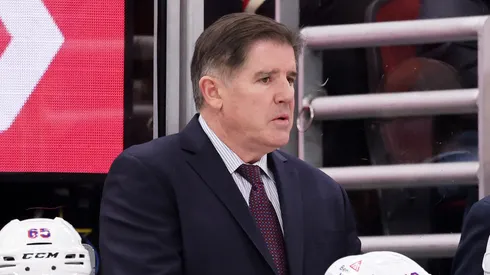 Head coach Peter Laviolette of the New York Rangers looks on against the Chicago Blackhawks during the first period at the United Center on January 05, 2025 in Chicago, Illinois.