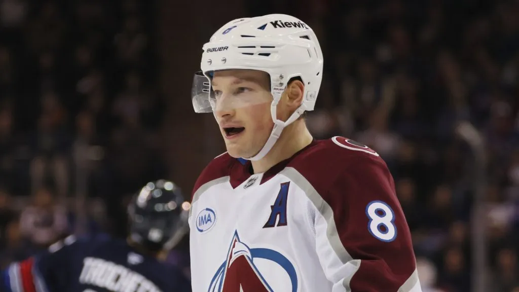Cale Makar #8 of the Colorado Avalanche skates against the New York Rangers at Madison Square Garden on January 26, 2025 in New York City.