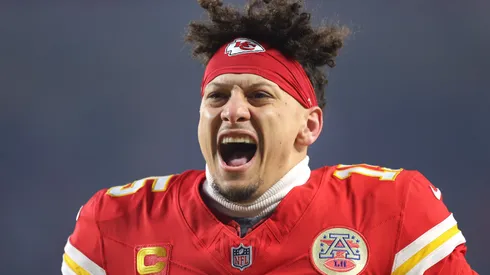 Patrick Mahomes #15 of the Kansas City Chiefs reacts as he runs onto the field prior to the AFC Championship Game against the Buffalo Bills at GEHA Field at Arrowhead Stadium on January 26, 2025 in Kansas City, Missouri.