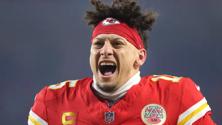 Patrick Mahomes #15 of the Kansas City Chiefs reacts as he runs onto the field prior to the AFC Championship Game against the Buffalo Bills at GEHA Field at Arrowhead Stadium on January 26, 2025 in Kansas City, Missouri.
