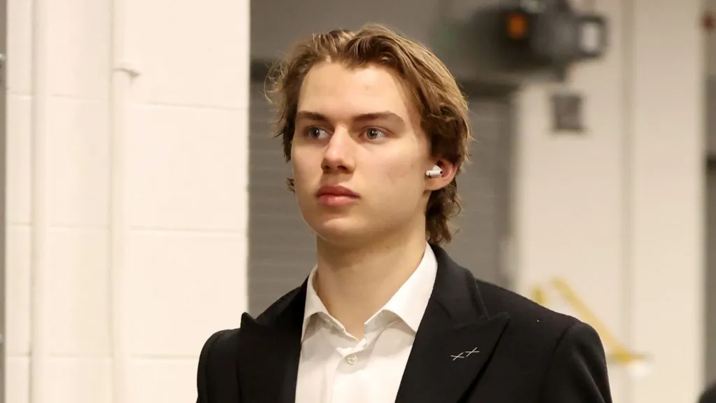 Connor Bedard #98 of the Chicago Blackhawks walks to the locker room at Climate Pledge Arena before the game against the Seattle Kraken on December 14, 2023 in Seattle, Washington.