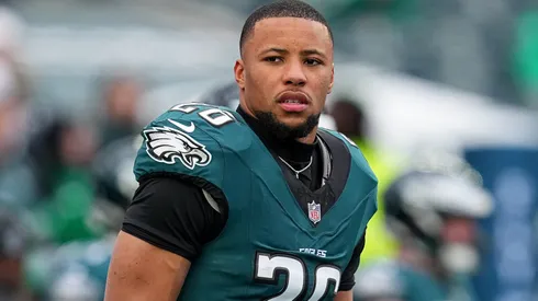 Saquon Barkley #26 of the Philadelphia Eagles looks on prior to the NFC Championship Game against the Washington Commanders at Lincoln Financial Field on January 26, 2025 in Philadelphia, Pennsylvania.