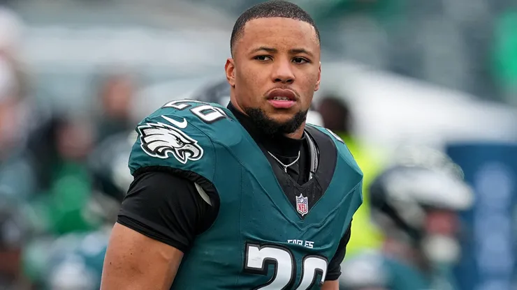 Saquon Barkley #26 of the Philadelphia Eagles looks on prior to the NFC Championship Game against the Washington Commanders at Lincoln Financial Field on January 26, 2025 in Philadelphia, Pennsylvania.