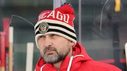 Interim head coach Anders Sorensen of the Chicago Blackhawks looks on during practice prior to the 2024 NHL Winter Classic against the St. Louis Blues at Wrigley Field on December 30, 2024 in Chicago, Illinois.