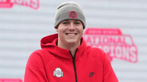 Quarterback Will Howard #18 of the Ohio State Buckeyes delivers remarks during the NCAA Football Championship celebration at Ohio Stadium on January 26, 2025 in Columbus, Ohio.