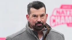Head coach Ryan Day of the Ohio State Buckeyes delivers remarks during the NCAA Football Championship celebration at Ohio Stadium on January 26, 2025 in Columbus, Ohio.