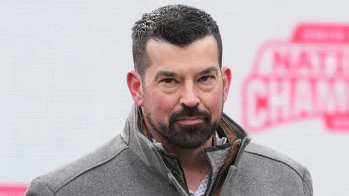 Head coach Ryan Day of the Ohio State Buckeyes delivers remarks during the NCAA Football Championship celebration at Ohio Stadium on January 26, 2025 in Columbus, Ohio.