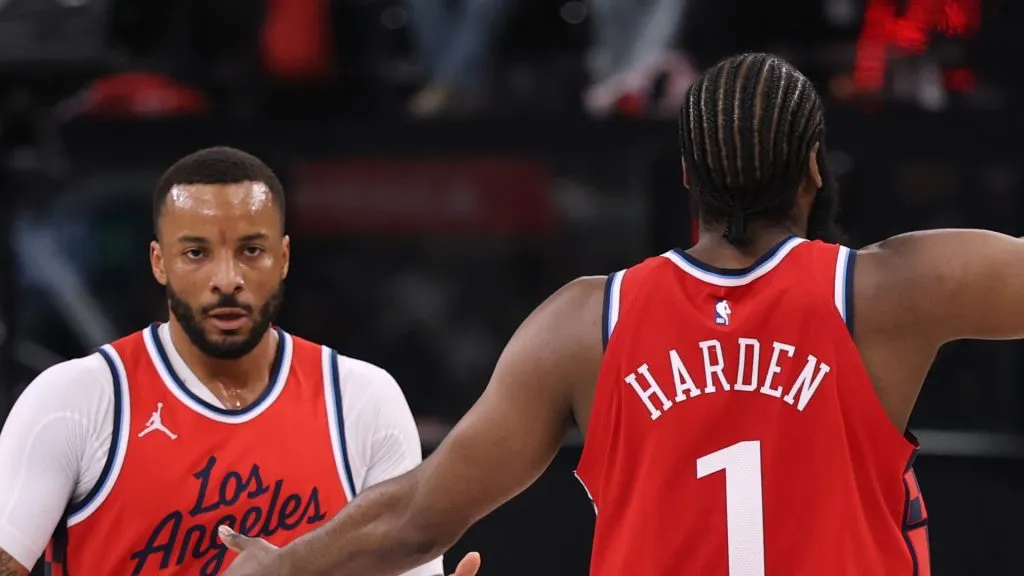 Norman Powell #24 and James Harden #1 of the LA Clippers celebrate a score during a 131-105 win over the Atlanta Hawks
