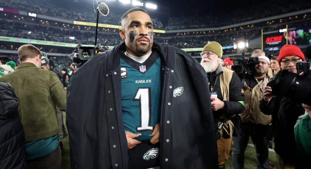 Jalen Hurts #1 of the Philadelphia Eagles looks on after defeating the Washington Commanders 55-23 to win the NFC Championship Game at Lincoln Financial Field on January 26, 2025 in Philadelphia, Pennsylvania.