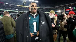 Jalen Hurts #1 of the Philadelphia Eagles looks on after defeating the Washington Commanders 55-23 to win the NFC Championship Game at Lincoln Financial Field on January 26, 2025 in Philadelphia, Pennsylvania.