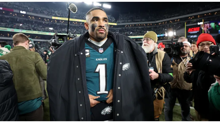 Jalen Hurts #1 of the Philadelphia Eagles looks on after defeating the Washington Commanders 55-23 to win the NFC Championship Game at Lincoln Financial Field on January 26, 2025 in Philadelphia, Pennsylvania.