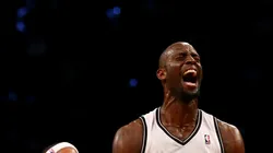 Kevin Garnett #2 of the Brooklyn Nets celebrates after he got the loose ball with teammate Paul Pierce #34 in the second quarter against the Toronto Raptors