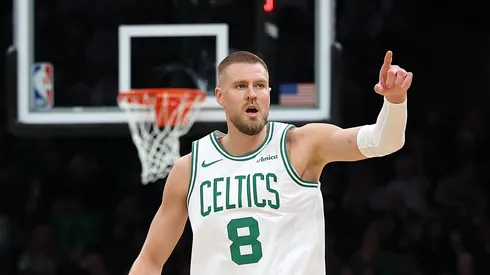 Kristaps Porzingis #8 of the Boston Celtics celebrates after scoring against the Houston Rockets