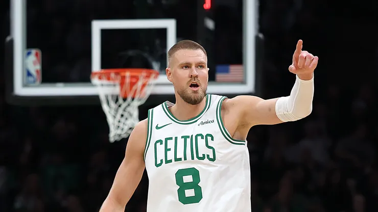Kristaps Porzingis #8 of the Boston Celtics celebrates after scoring against the Houston Rockets