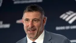 Mike Vrabel speaks as he is introduced as head coach of the New England Patriots during a press conference at Gillette Stadium on January 13, 2025 in Foxborough, Massachusetts.