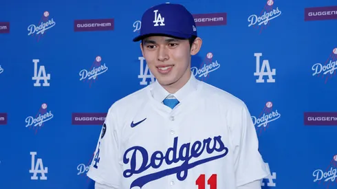Pitcher Roki Sasaki poses during a Los Angeles Dodgers press conference at Dodger Stadium on January 22, 2025 in Los Angeles, California.