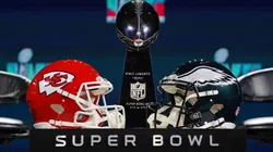 A view of the Vince Lombardi Trophy and the helmets of the Kansas City Chiefs and the Philadelphia Eagles before a press conference for NFL Commissioner Roger Goodell in 2023.