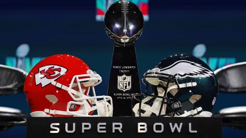 A view of the Vince Lombardi Trophy and the helmets of the Kansas City Chiefs and the Philadelphia Eagles before a press conference for NFL Commissioner Roger Goodell in 2023.