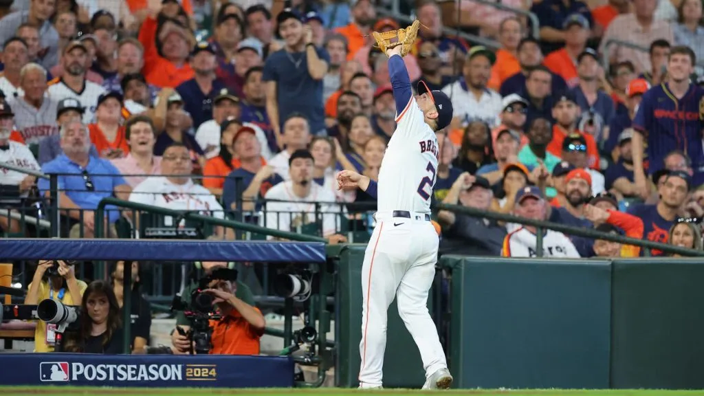 Alex Bregman #2 of the Houston Astros catches a fly by in the sixth inning against the Detroit Tigers during Game One of the Wild Card Series at Minute Maid Park on October 01, 2024 in Houston, Texas. (Photo by Alex Slitz/Getty Images)