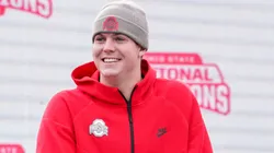 Quarterback Will Howard #18 of the Ohio State Buckeyes delivers remarks during the NCAA Football Championship celebration at Ohio Stadium on January 26, 2025 in Columbus, Ohio.