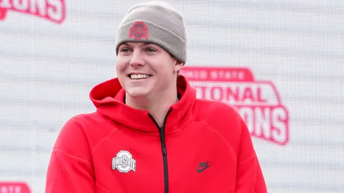 Quarterback Will Howard #18 of the Ohio State Buckeyes delivers remarks during the NCAA Football Championship celebration at Ohio Stadium on January 26, 2025 in Columbus, Ohio.